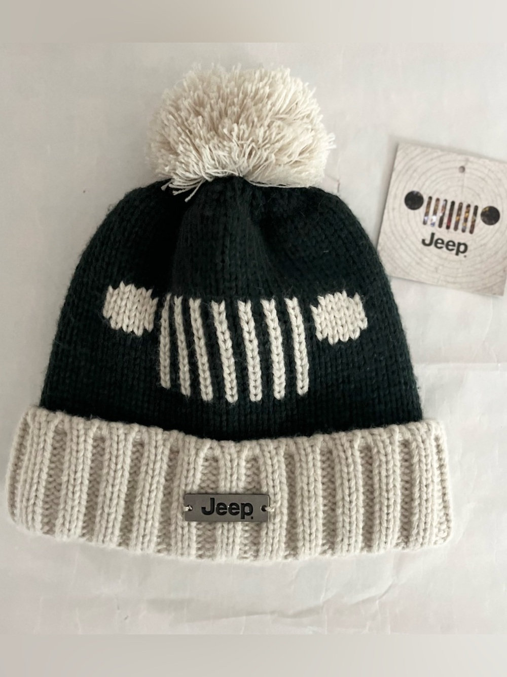 Jeep Grill Green and Cream Knit Pom-Pom Beanie with Logo Plate